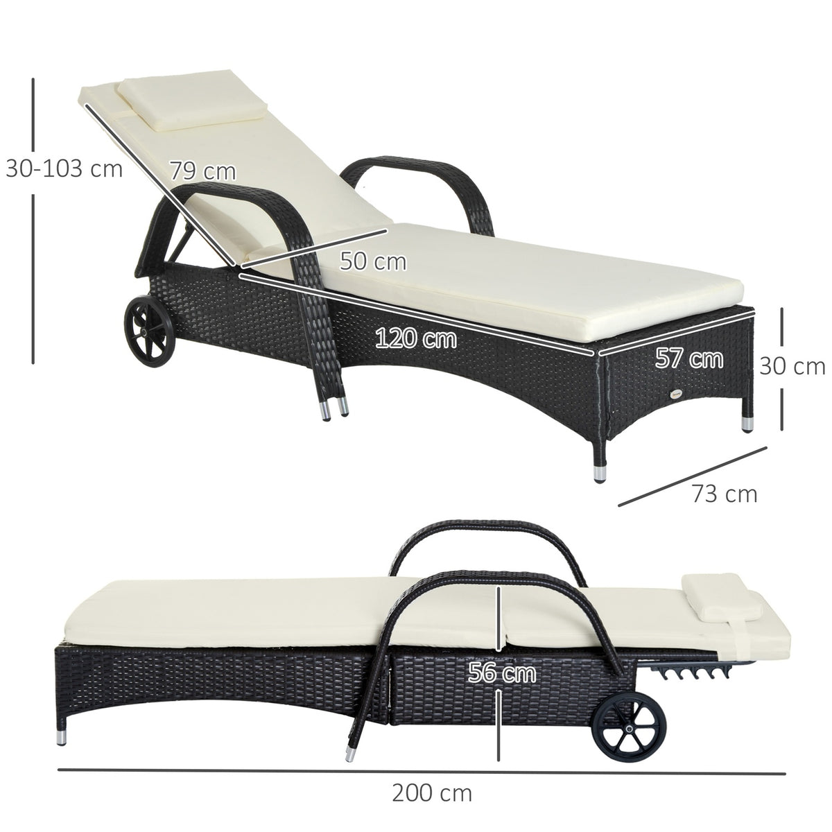 Garden Furniture Garden Lounger Sun Lounger Mobile With Cushion, Polyrattan + Metal, Black, 200 X 73 X 30-103 Cm