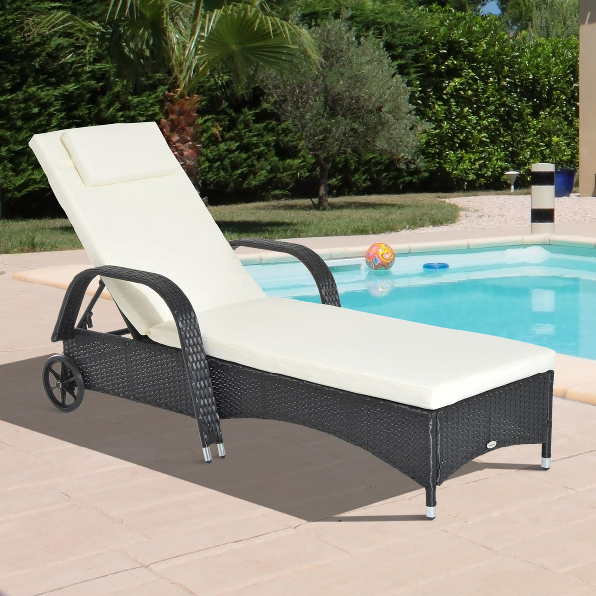 Garden Furniture Garden Lounger Sun Lounger Mobile With Cushion, Polyrattan + Metal, Black, 200 X 73 X 30-103 Cm