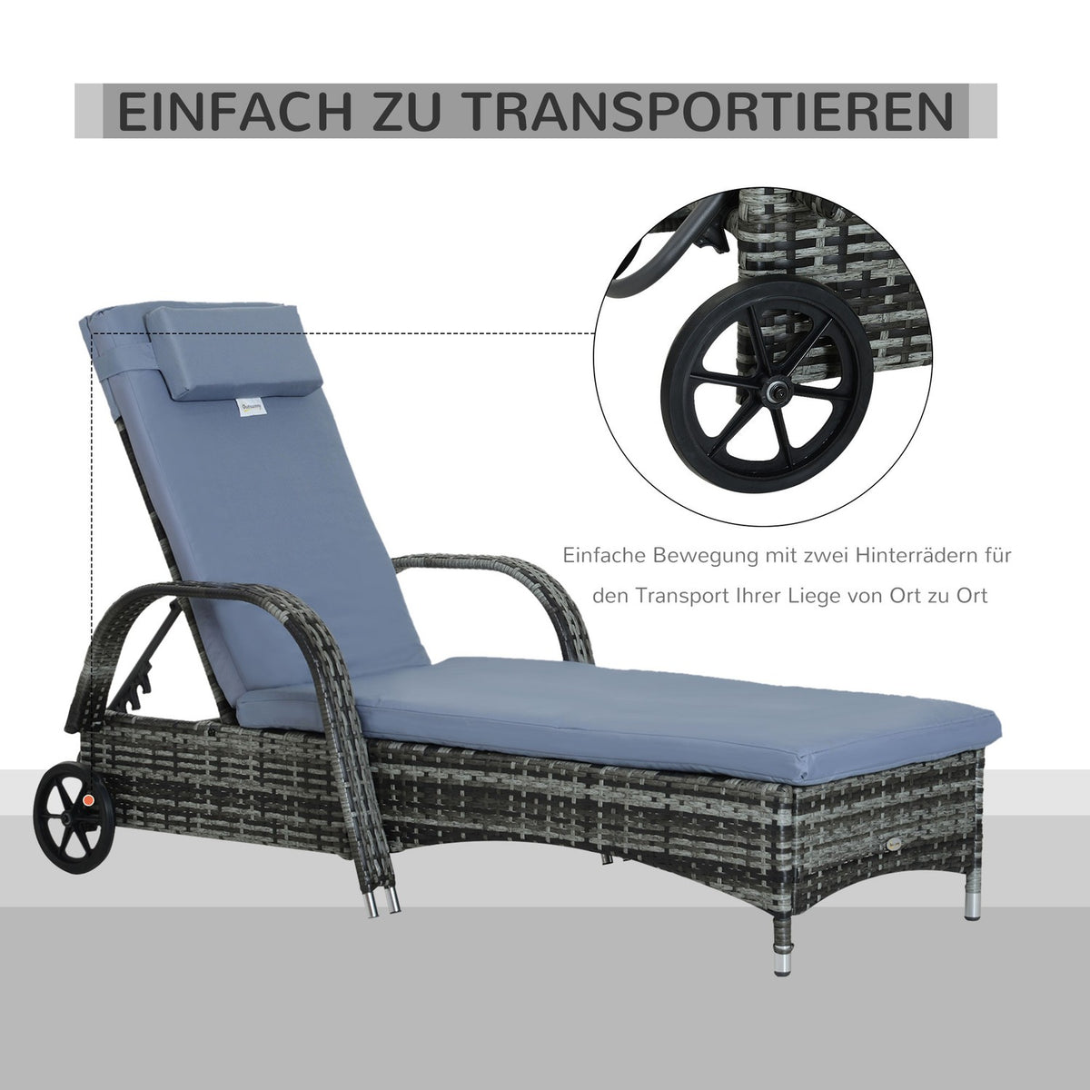 Garden Furniture Garden Lounger Sun Lounger Mobile With Cushion, Polyrattan + Metal, Gray, 200X73X30-103Cm