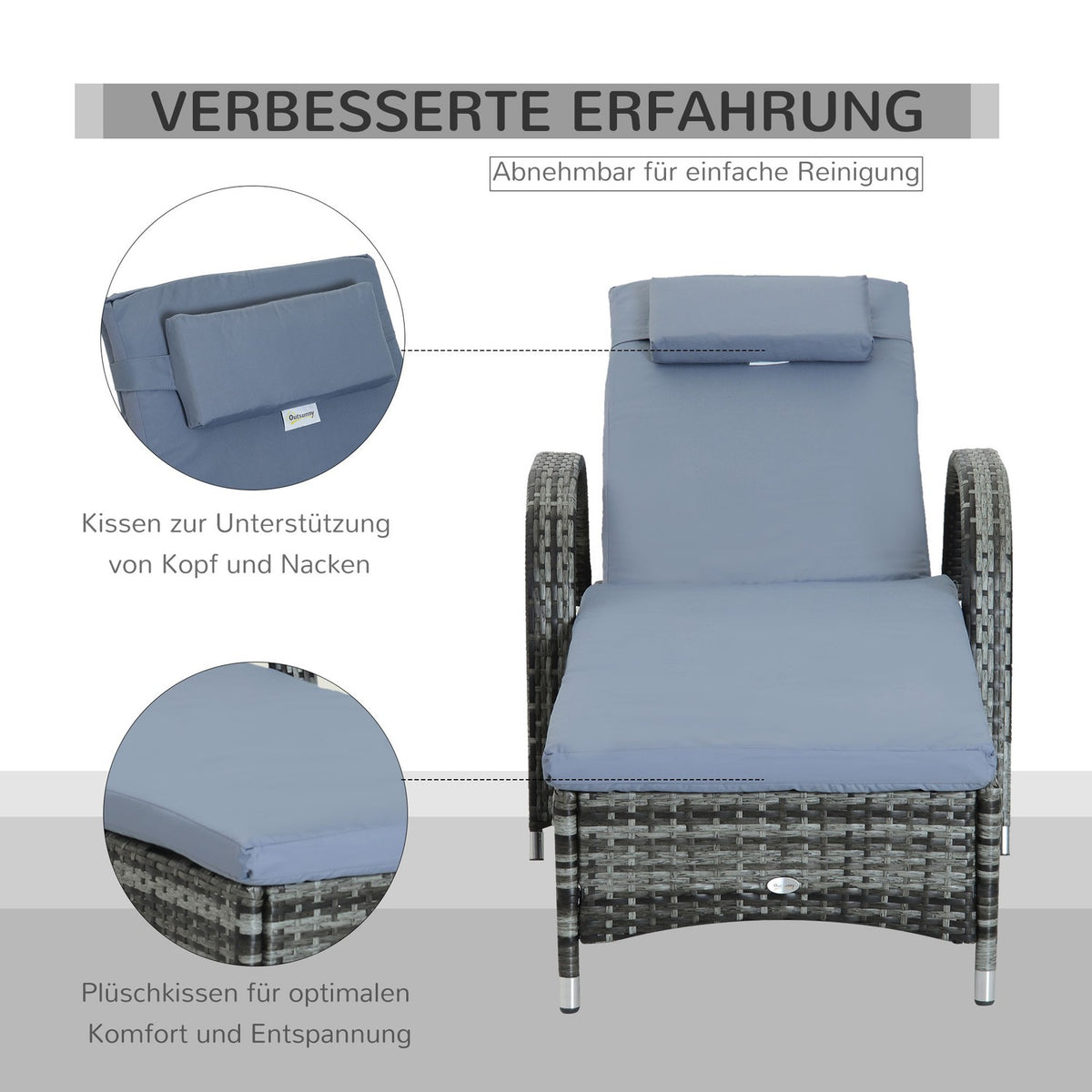 Garden Furniture Garden Lounger Sun Lounger Mobile With Cushion, Polyrattan + Metal, Gray, 200X73X30-103Cm