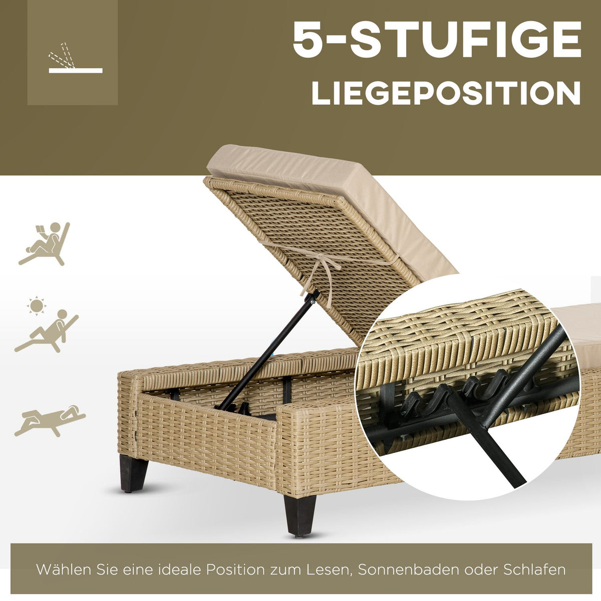 Garden Furniture Polyrattan Garden Lounger With Cushions Sun Lounger 5-Level Adjustable Steel Khaki 72 X 198 X 30 Cm