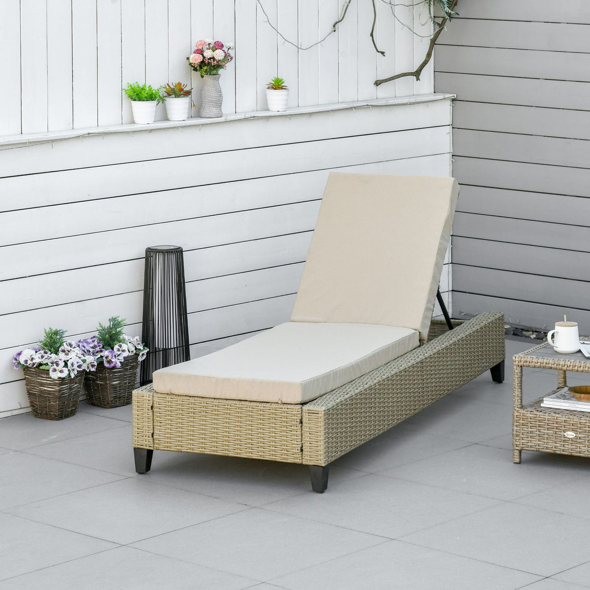 Garden Furniture Polyrattan Garden Lounger With Cushions Sun Lounger 5-Level Adjustable Steel Khaki 72 X 198 X 30 Cm
