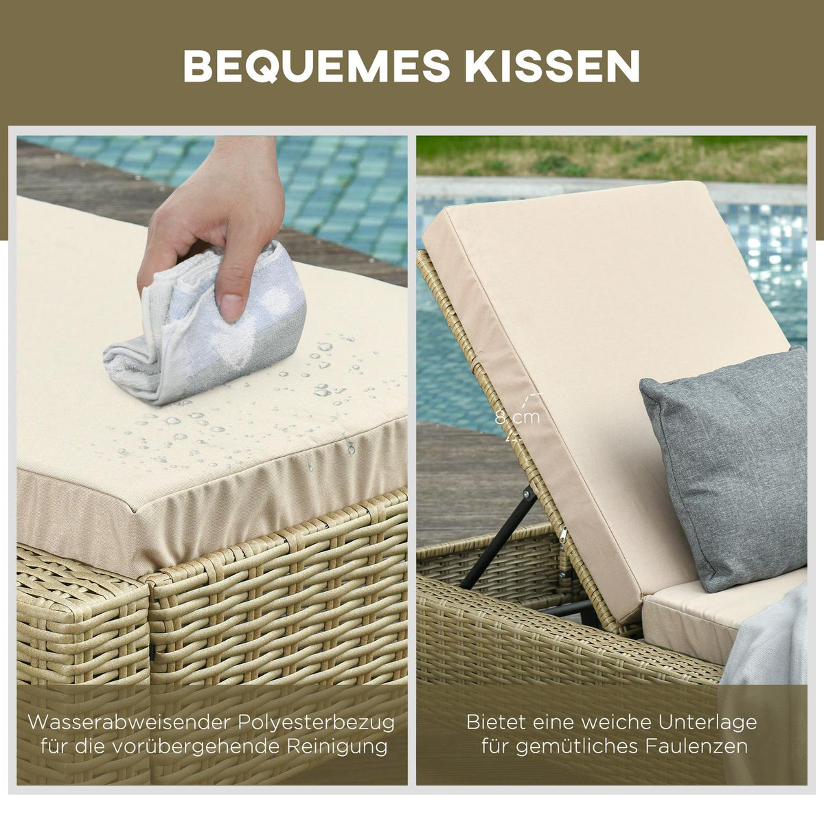 Garden Furniture Polyrattan Garden Lounger With Cushions Sun Lounger 5-Level Adjustable Steel Khaki 72 X 198 X 30 Cm