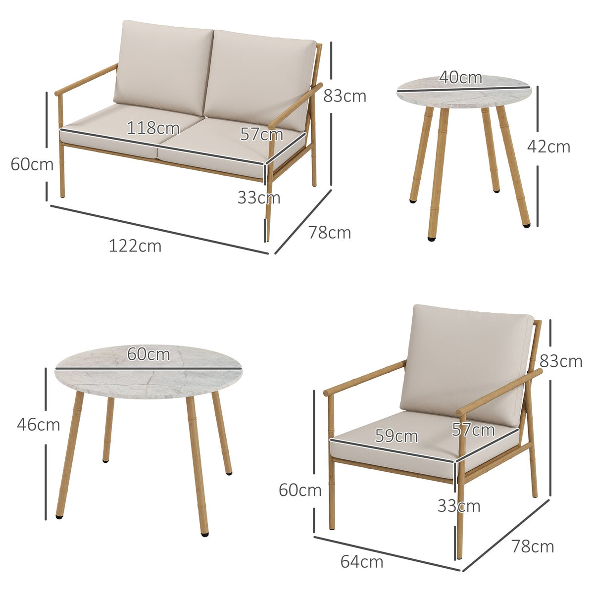 Garden Furniture Set 2 Armchairs Two-Seater Coffee Table Seat Cushion Balcony Terrace Cream