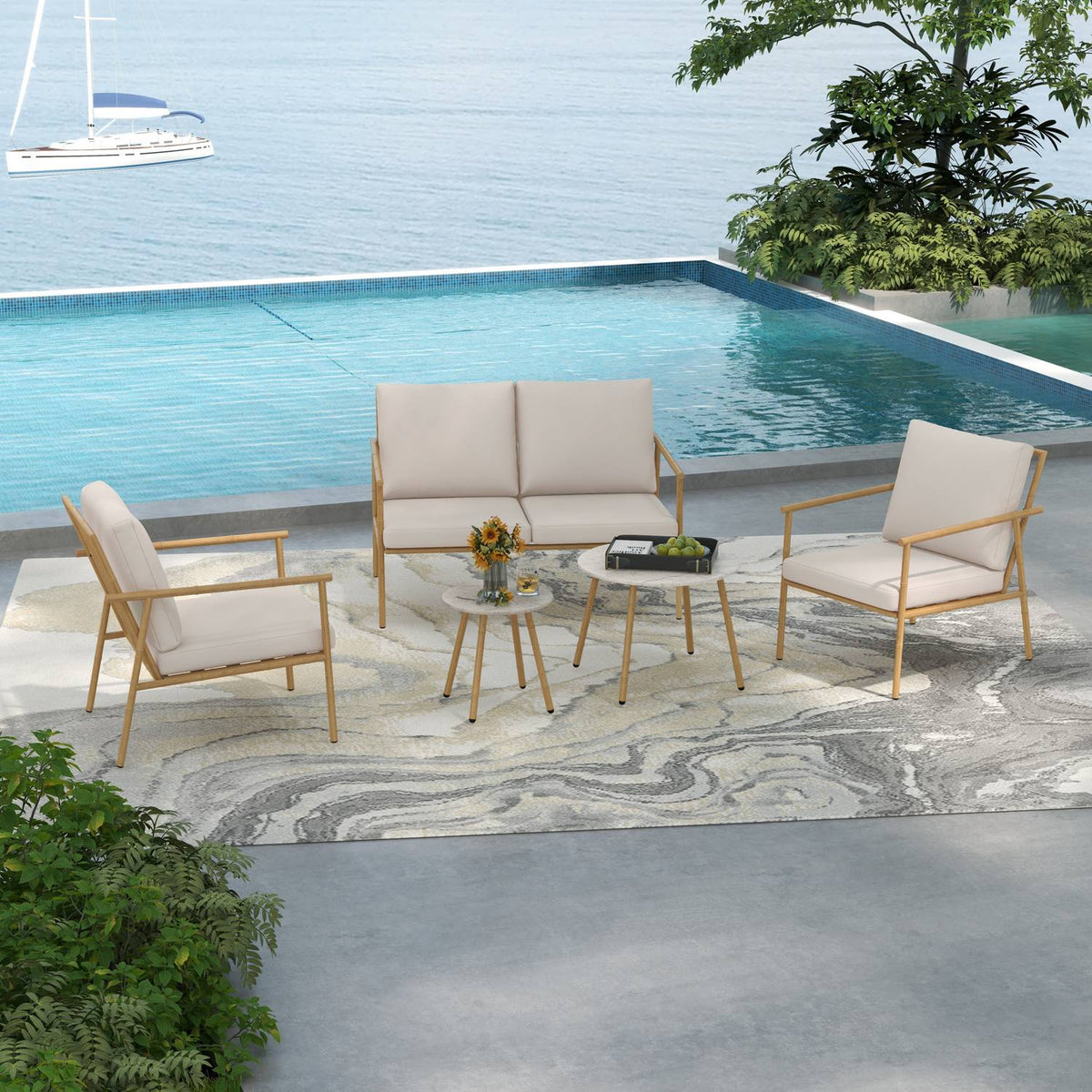 Garden Furniture Set 2 Armchairs Two-Seater Coffee Table Seat Cushion Balcony Terrace Cream