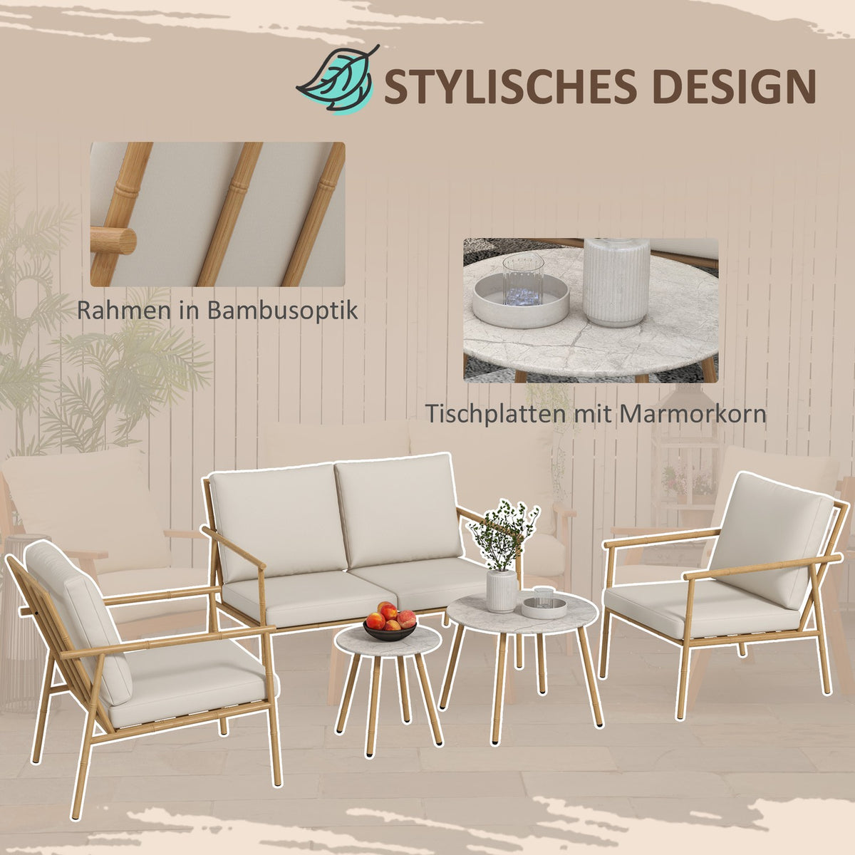 Garden Furniture Set 2 Armchairs Two-Seater Coffee Table Seat Cushion Balcony Terrace Cream