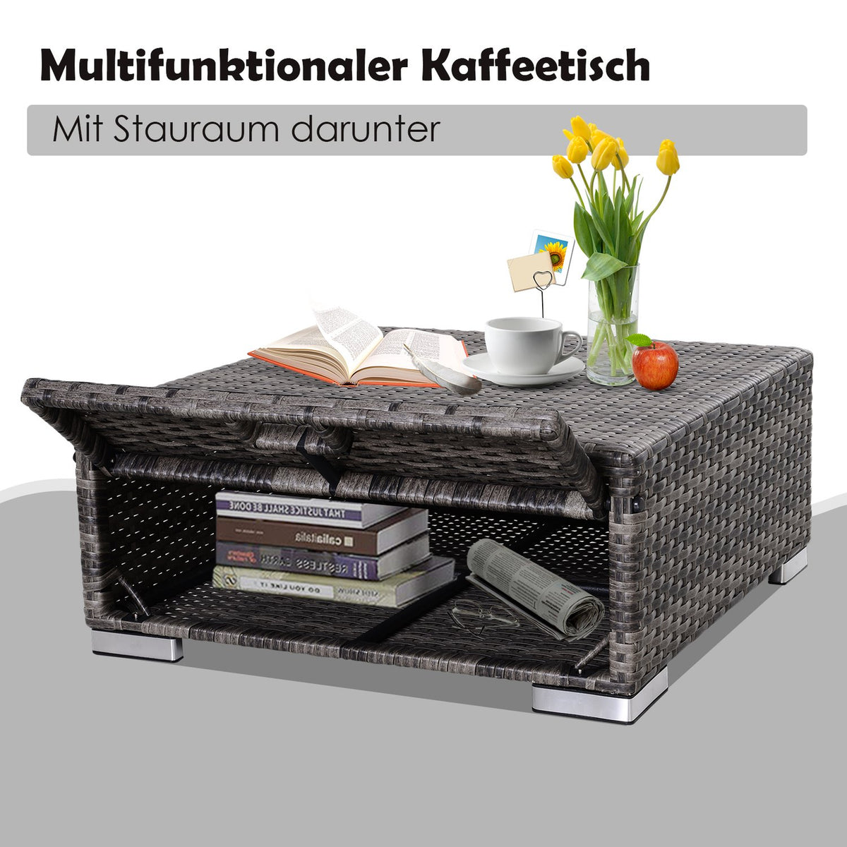 Garden Furniture Set 3-Piece Sofa Side Table Storage Space 5-Tier Pe Rattan Gray
