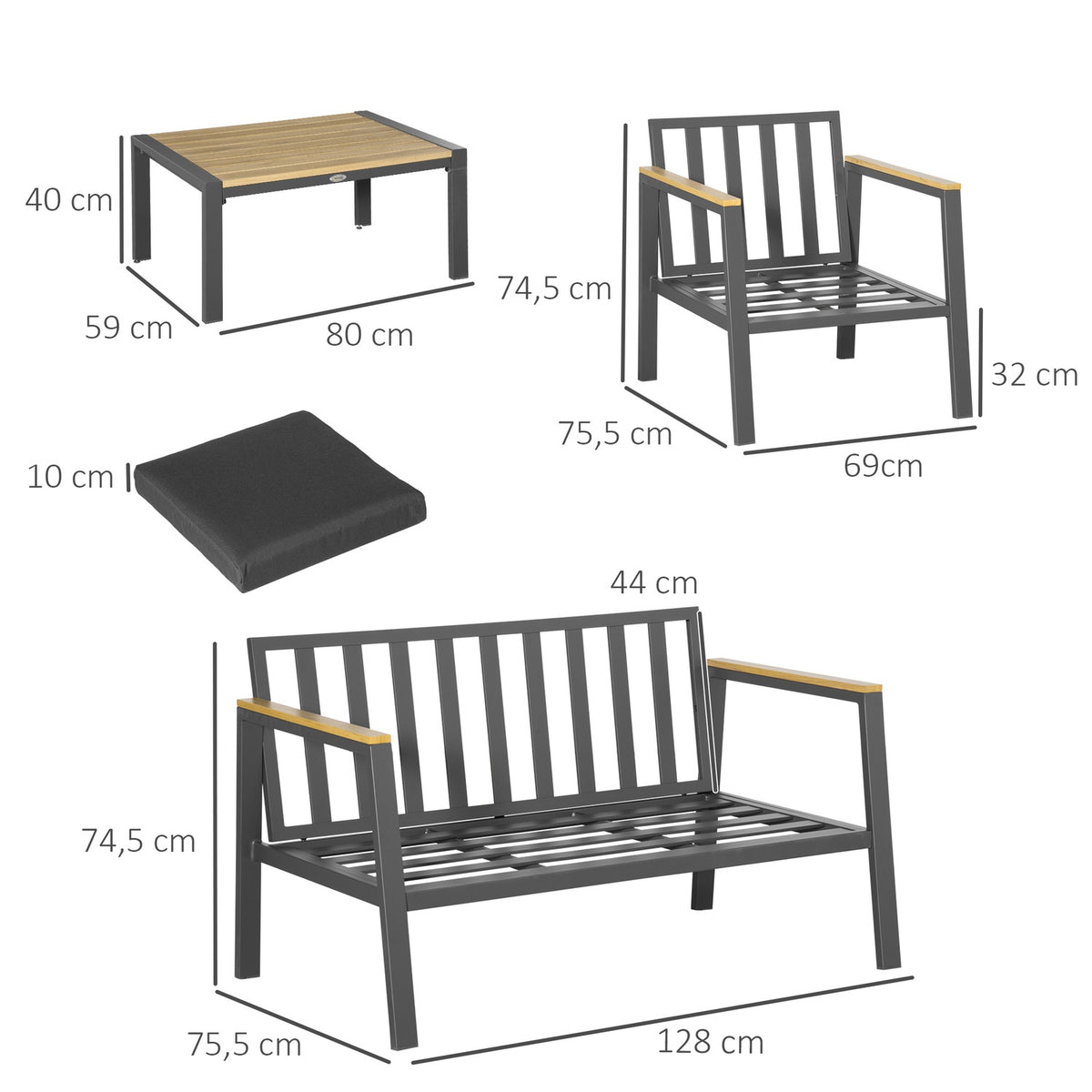 Garden Furniture Set 4 People Aluminum Garden Set Coffee Table Gray