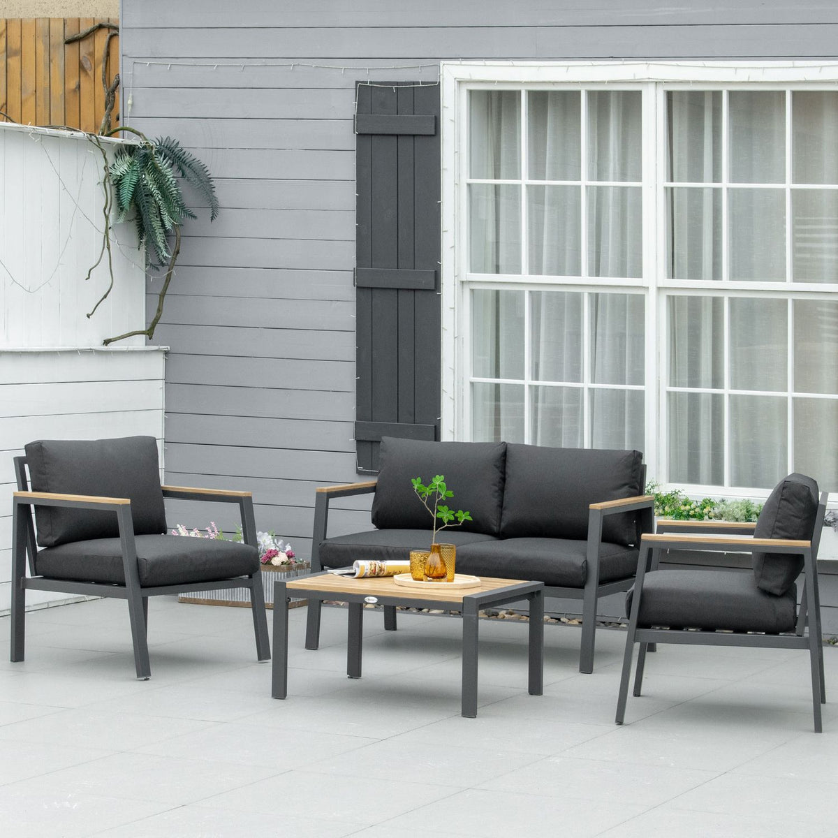Garden Furniture Set 4 People Aluminum Garden Set Coffee Table Gray