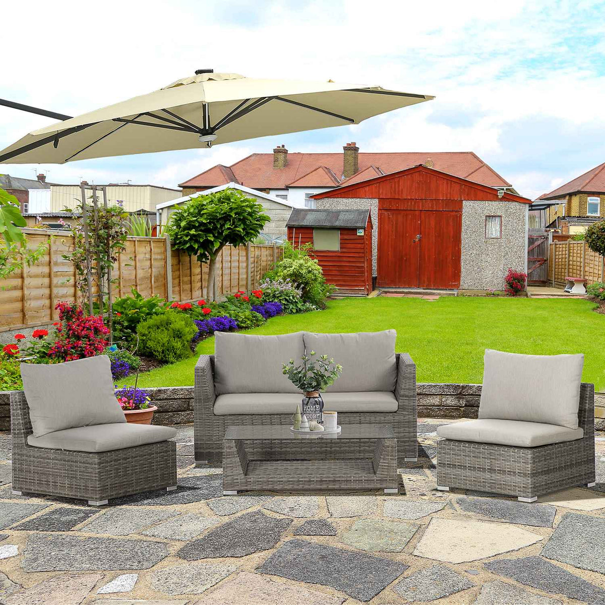 Garden Furniture Set 4 People Polyrattan Weather-Resistant Removable Covers Gray Beige