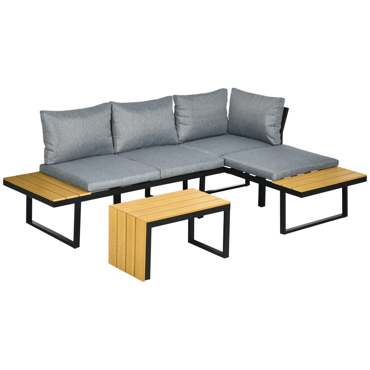 Garden Furniture Set For 3 People, Balcony Furniture With Seat Cushions, Aluminum Frame, Wood Look, Dark Gray + Natural