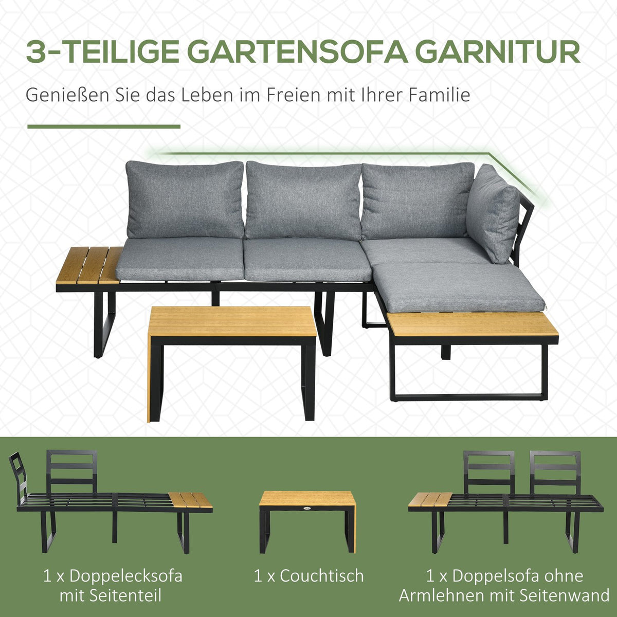 Garden Furniture Set For 3 People, Balcony Furniture With Seat Cushions, Aluminum Frame, Wood Look, Dark Gray + Natural