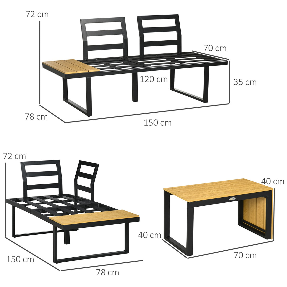 Garden Furniture Set For 3 People, Balcony Furniture With Seat Cushions, Aluminum Frame, Wood Look, Dark Gray + Natural