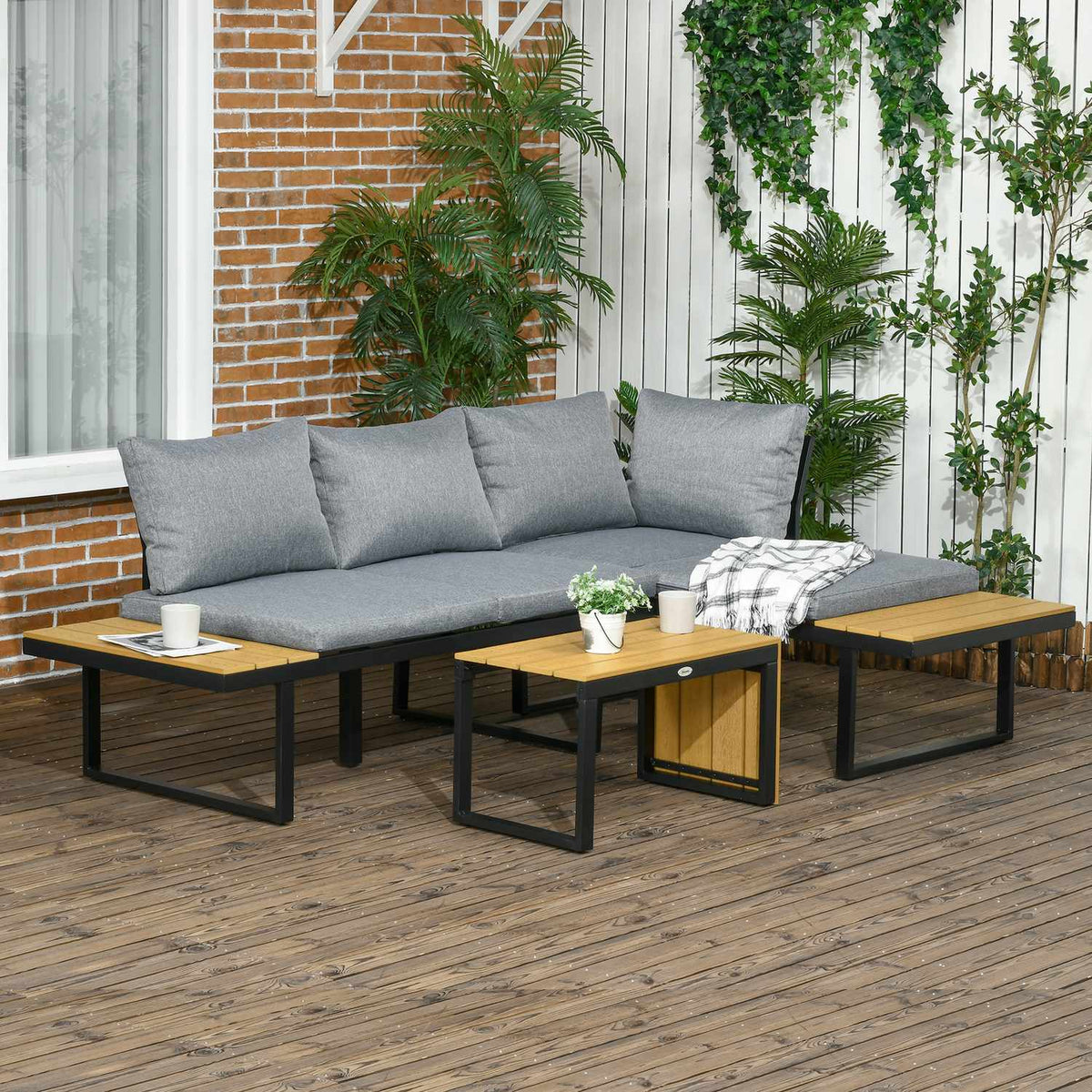 Garden Furniture Set For 3 People, Balcony Furniture With Seat Cushions, Aluminum Frame, Wood Look, Dark Gray + Natural