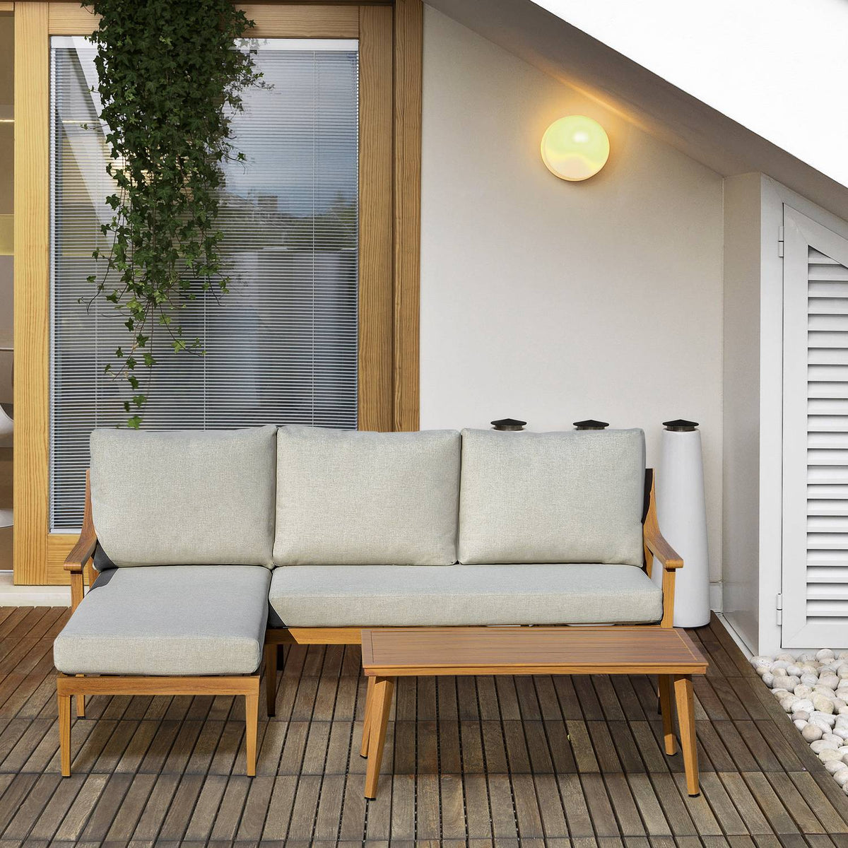 Garden Furniture Set For 3 People With Chaise Longue Double Sofa Table Natural