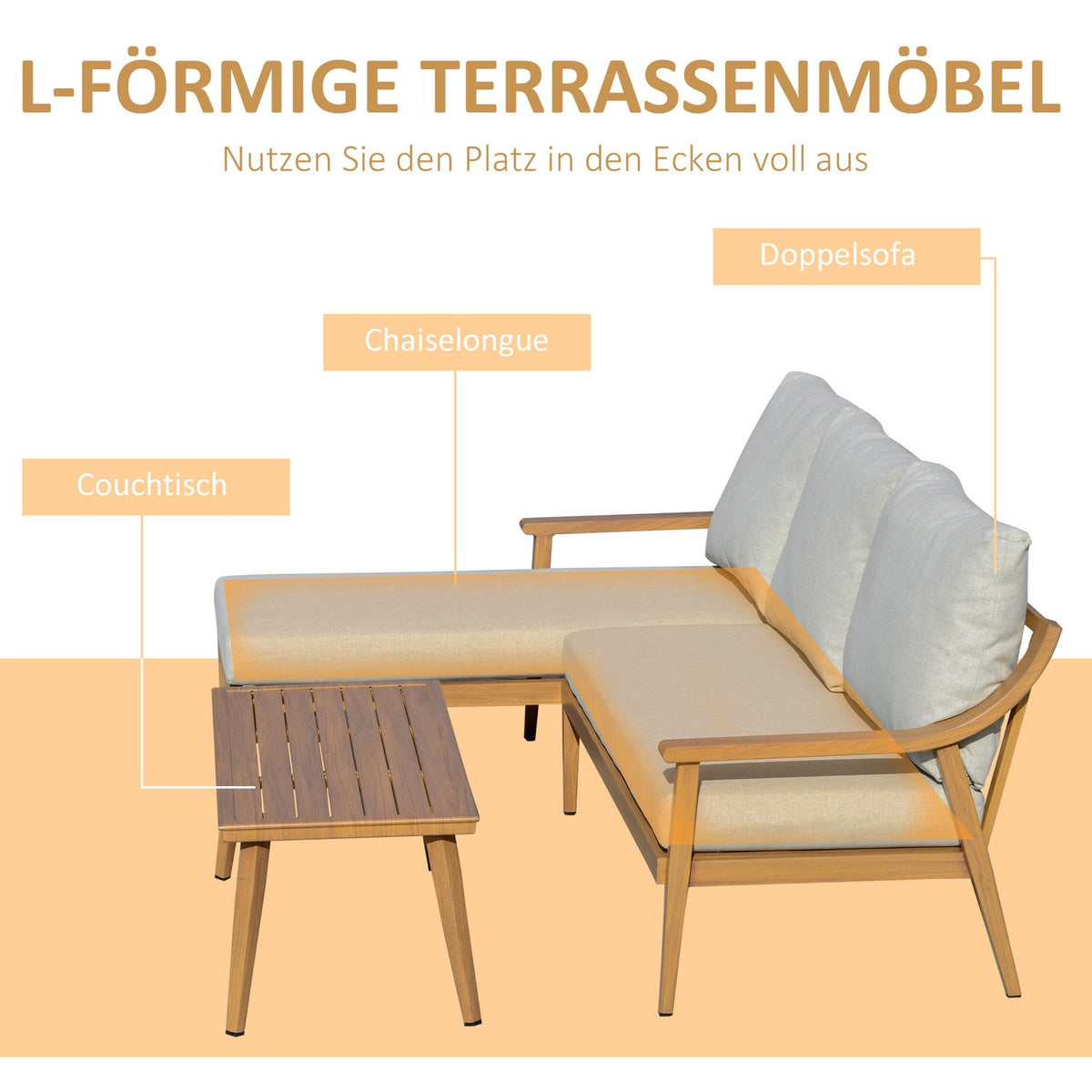Garden Furniture Set For 3 People With Chaise Longue Double Sofa Table Natural