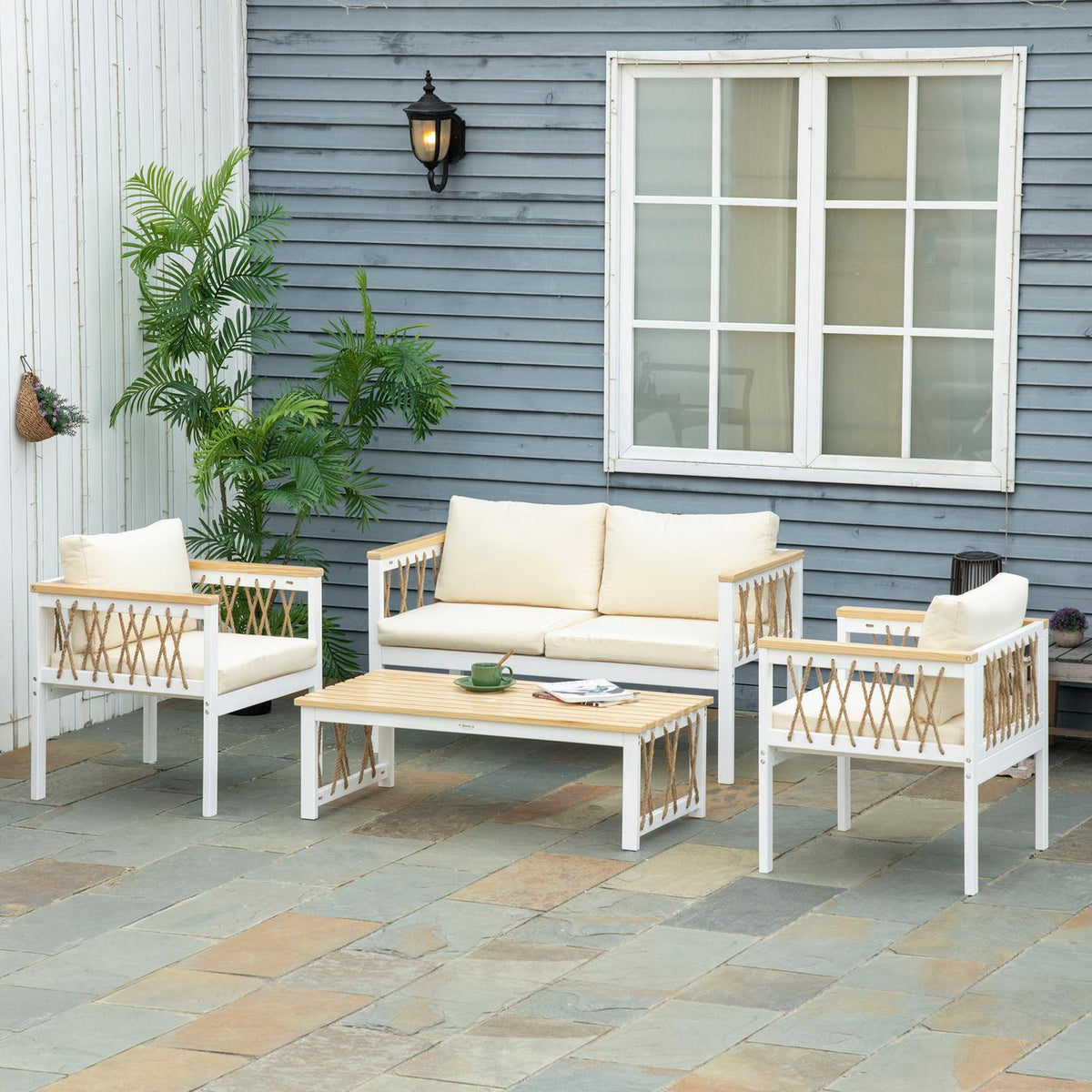 Garden Furniture Set For 4 People, Garden Furniture, Seating Area With Cushions, White