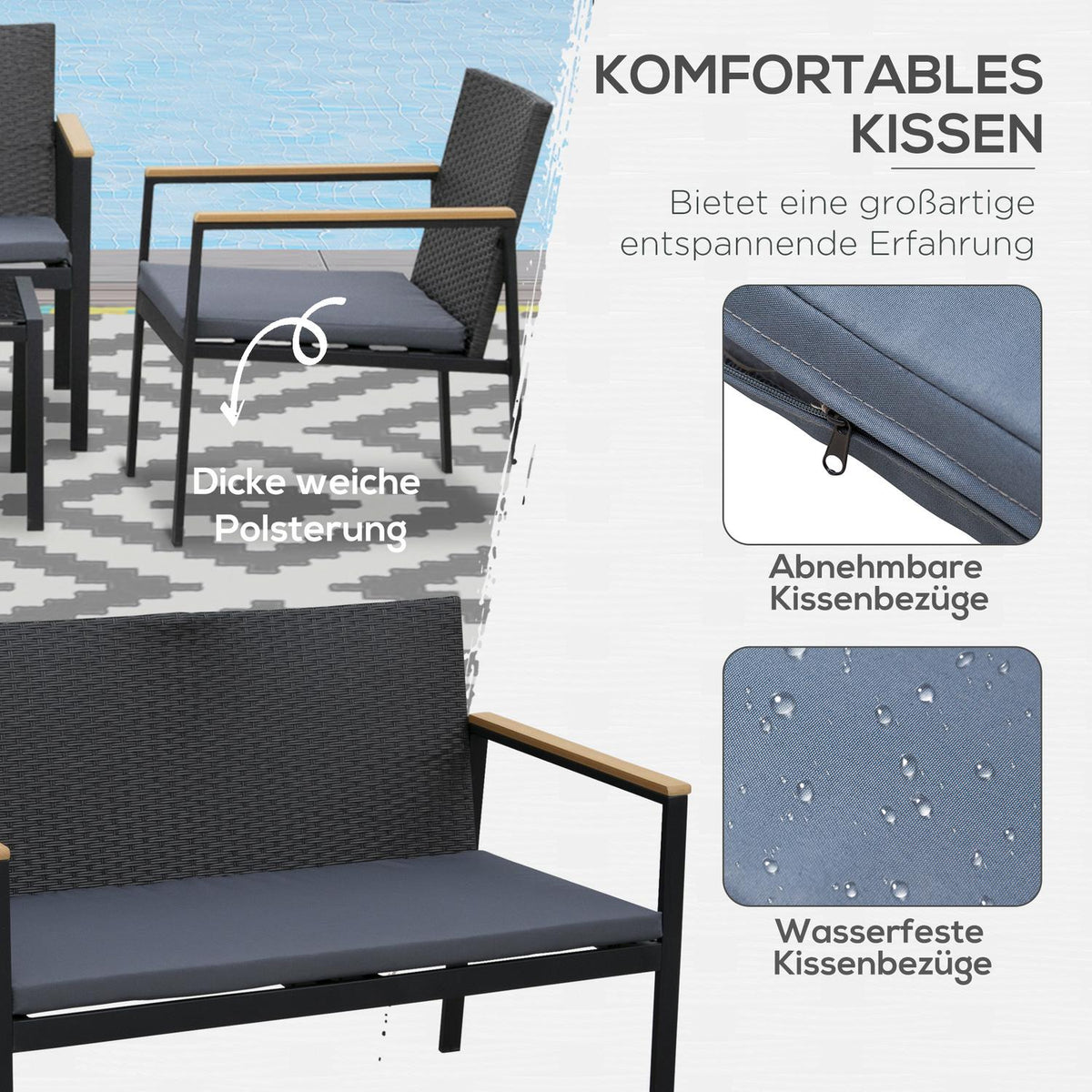 Garden Furniture Set For 4 People Seating Set, 3 Sofas, Coffee Table, With Seat Cushions, Plastic Rattan, Black