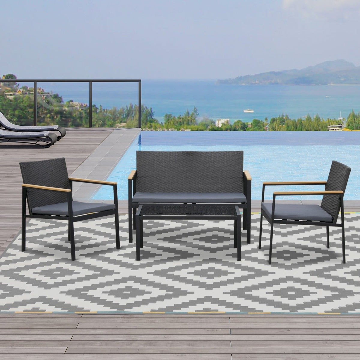 Garden Furniture Set For 4 People Seating Set, 3 Sofas, Coffee Table, With Seat Cushions, Plastic Rattan, Black