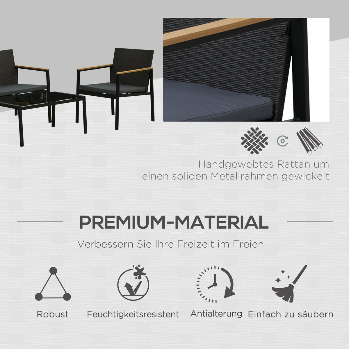 Garden Furniture Set For 4 People Seating Set, 3 Sofas, Coffee Table, With Seat Cushions, Plastic Rattan, Black