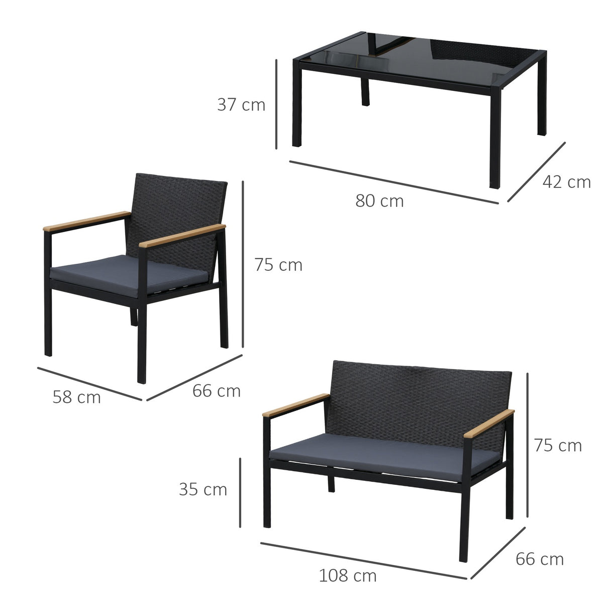 Garden Furniture Set For 4 People Seating Set, 3 Sofas, Coffee Table, With Seat Cushions, Plastic Rattan, Black