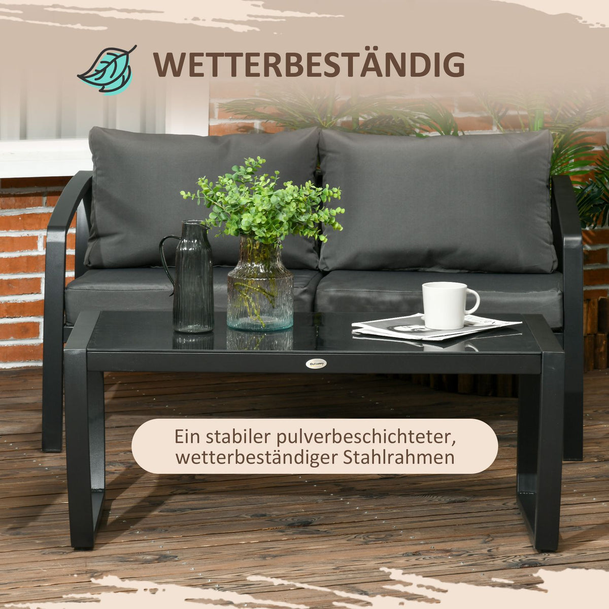 Garden Furniture Set For 4 Persons 1 Glass Table 1 Sofa 2 Armchairs Weather Resistant Gray + Black