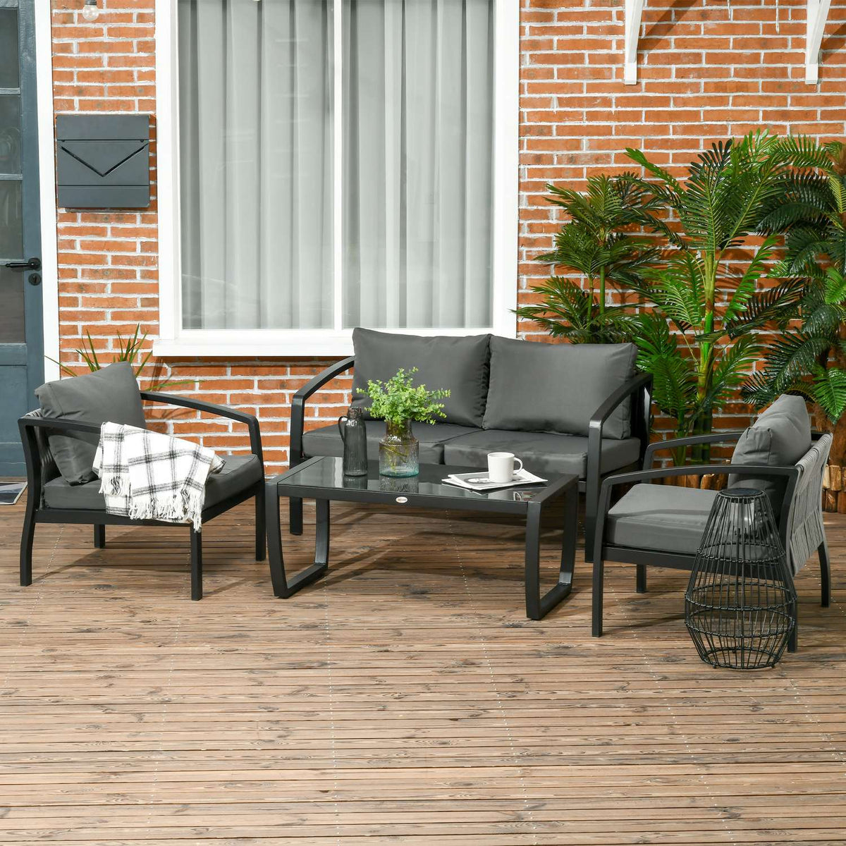 Garden Furniture Set For 4 Persons 1 Glass Table 1 Sofa 2 Armchairs Weather Resistant Gray + Black