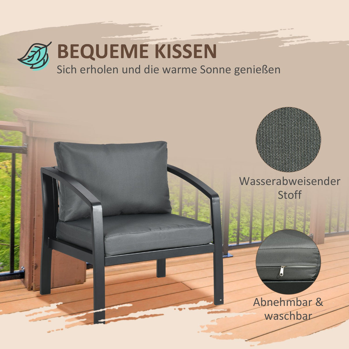 Garden Furniture Set For 4 Persons 1 Glass Table 1 Sofa 2 Armchairs Weather Resistant Gray + Black