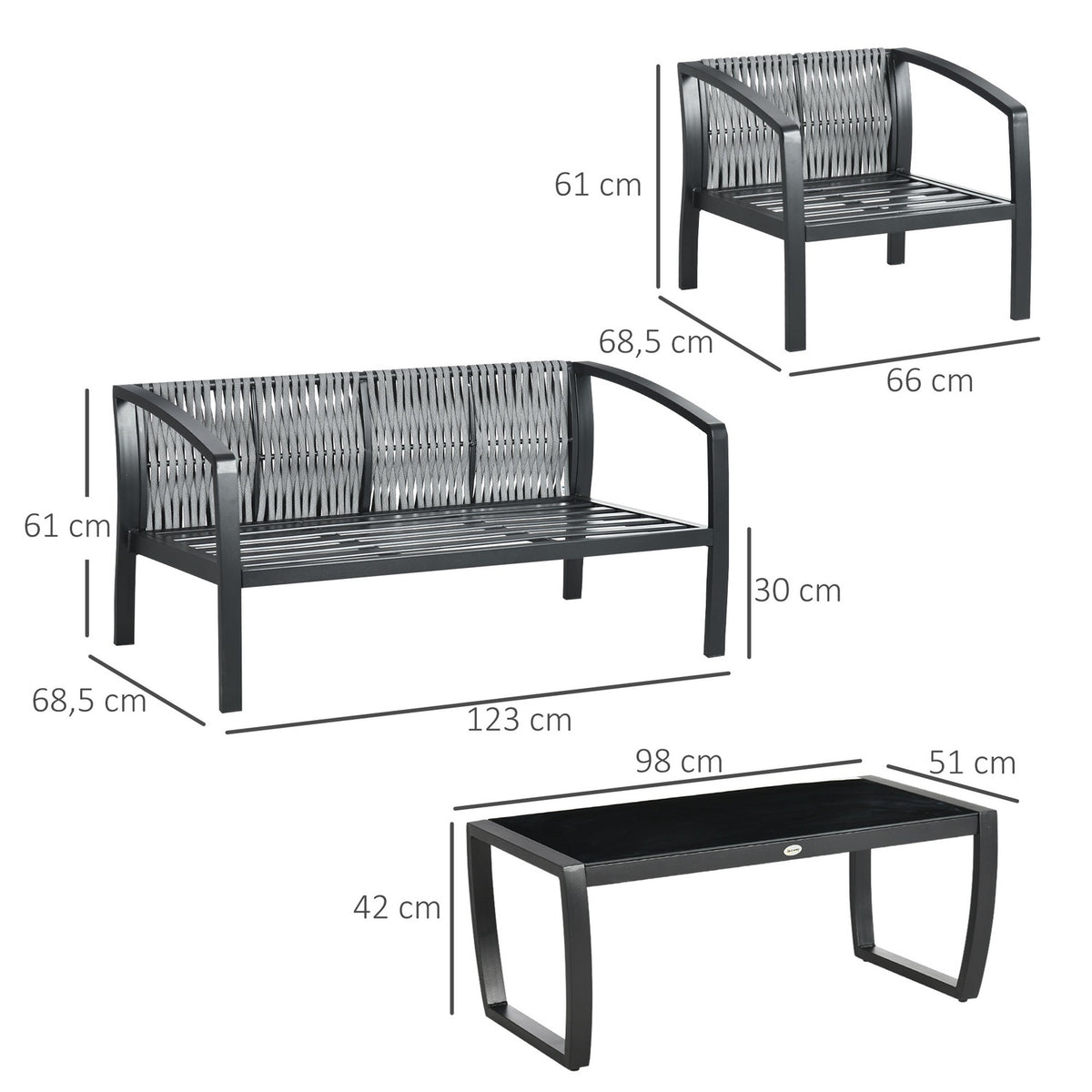 Garden Furniture Set For 4 Persons 1 Glass Table 1 Sofa 2 Armchairs Weather Resistant Gray + Black