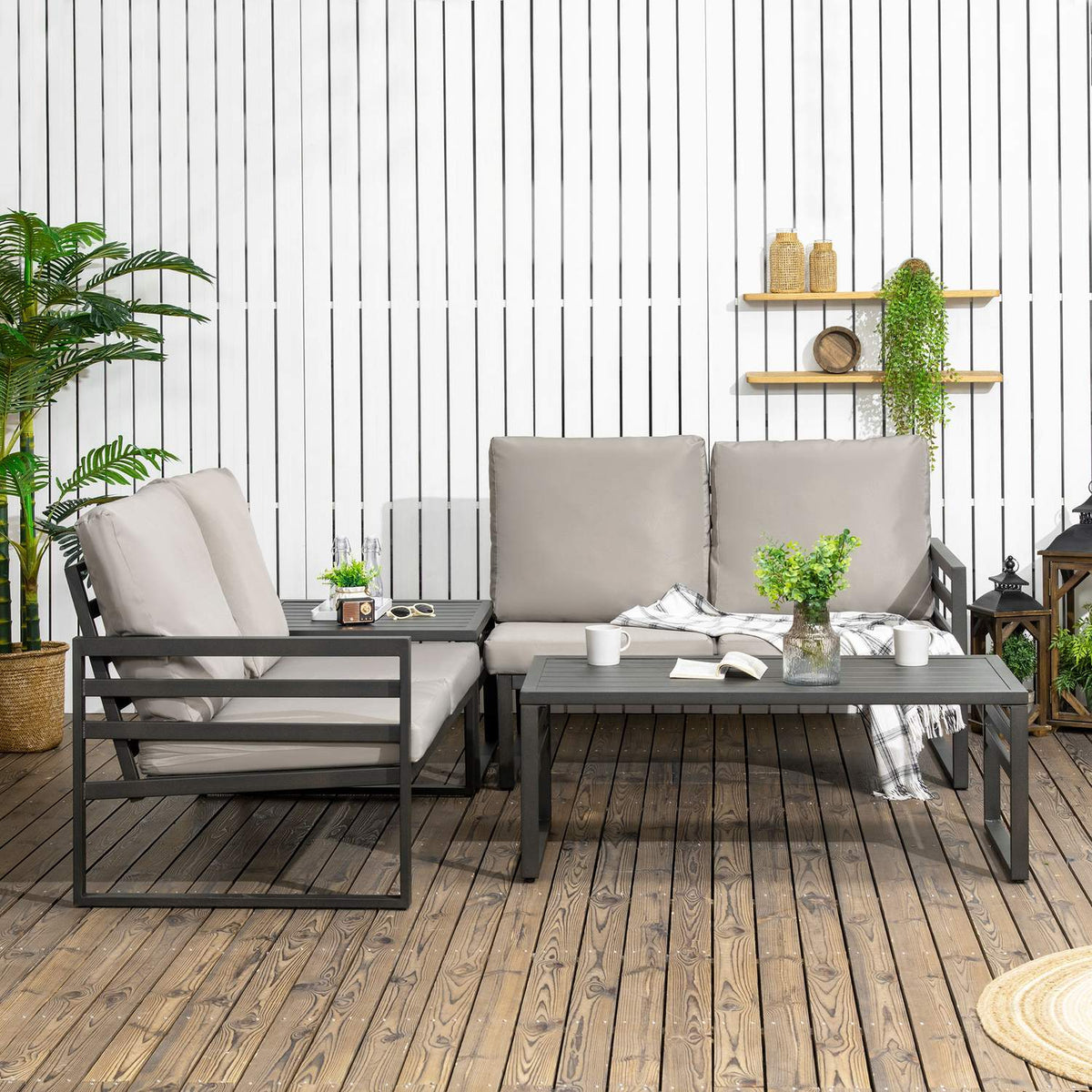 Garden Furniture Set For 4 Persons 2 Sofas 2 Tables Weatherproof 128Cm X 79Cm X 76.5Cm Light Gray + Black