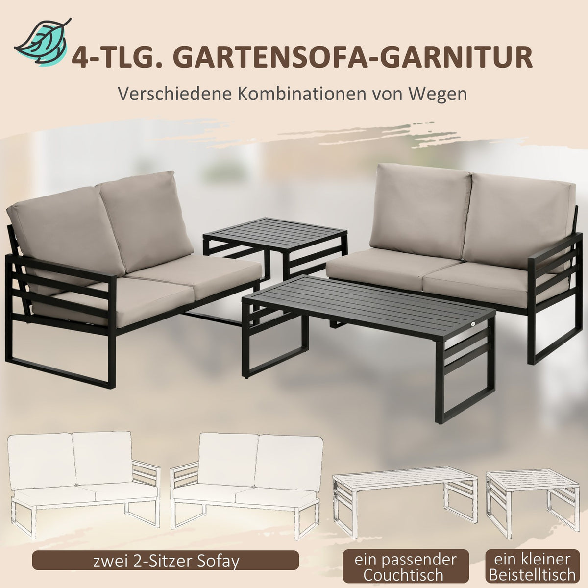 Garden Furniture Set For 4 Persons 2 Sofas 2 Tables Weatherproof 128Cm X 79Cm X 76.5Cm Light Gray + Black