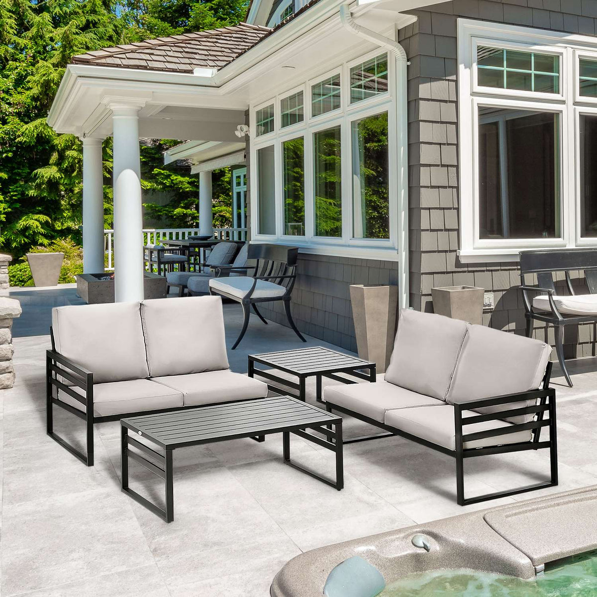 Garden Furniture Set For 4 Persons 2 Sofas 2 Tables Weatherproof 128Cm X 79Cm X 76.5Cm Light Gray + Black