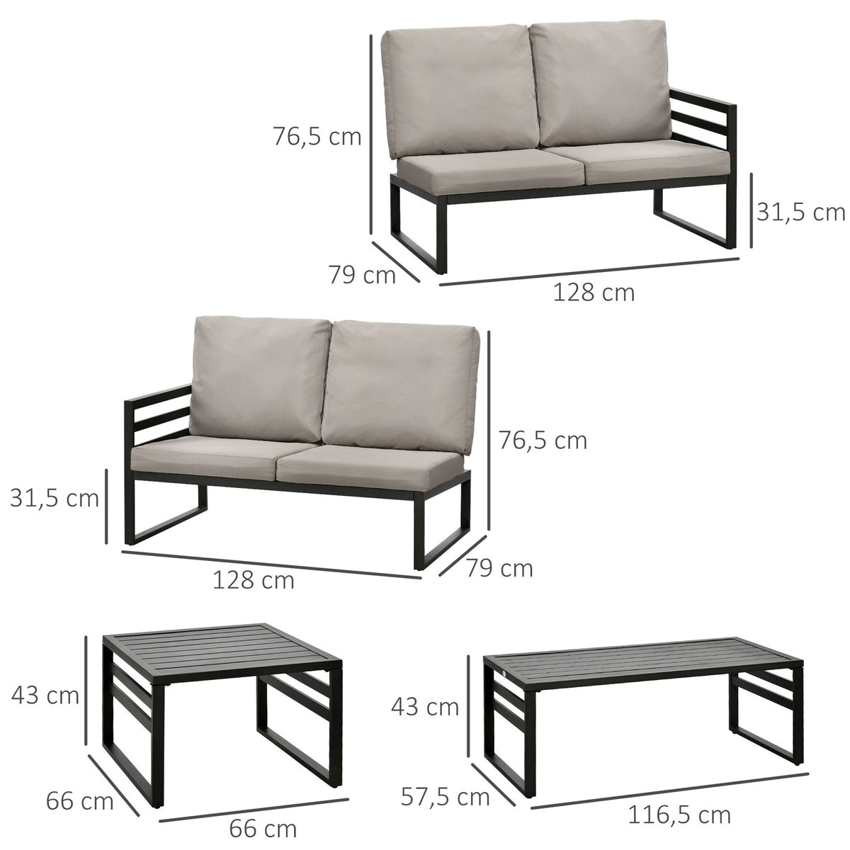Garden Furniture Set For 4 Persons 2 Sofas 2 Tables Weatherproof 128Cm X 79Cm X 76.5Cm Light Gray + Black