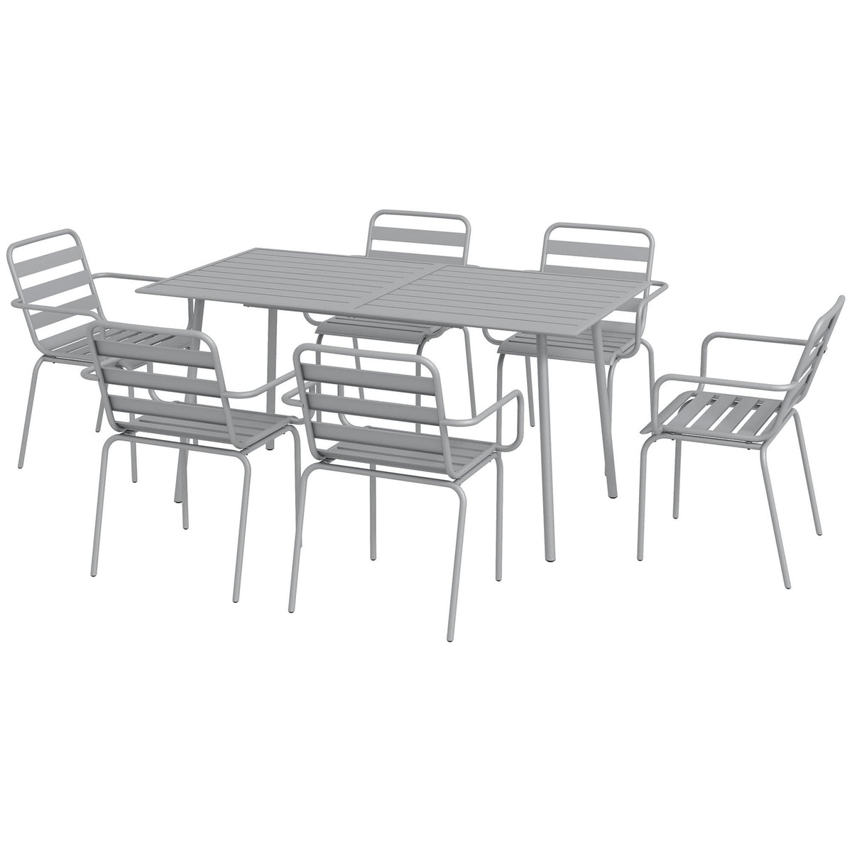 Garden Furniture Set, Seating Group, Dining Table, 6 Stackable Chairs, Balcony, Terrace, Steel, Light Gray