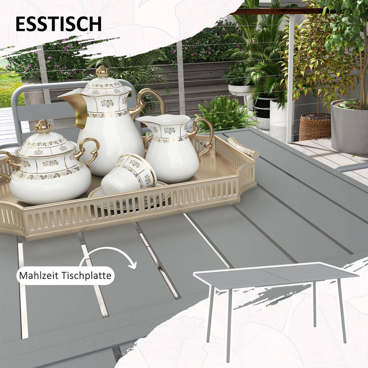 Garden Furniture Set, Seating Group, Dining Table, 6 Stackable Chairs, Balcony, Terrace, Steel, Light Gray