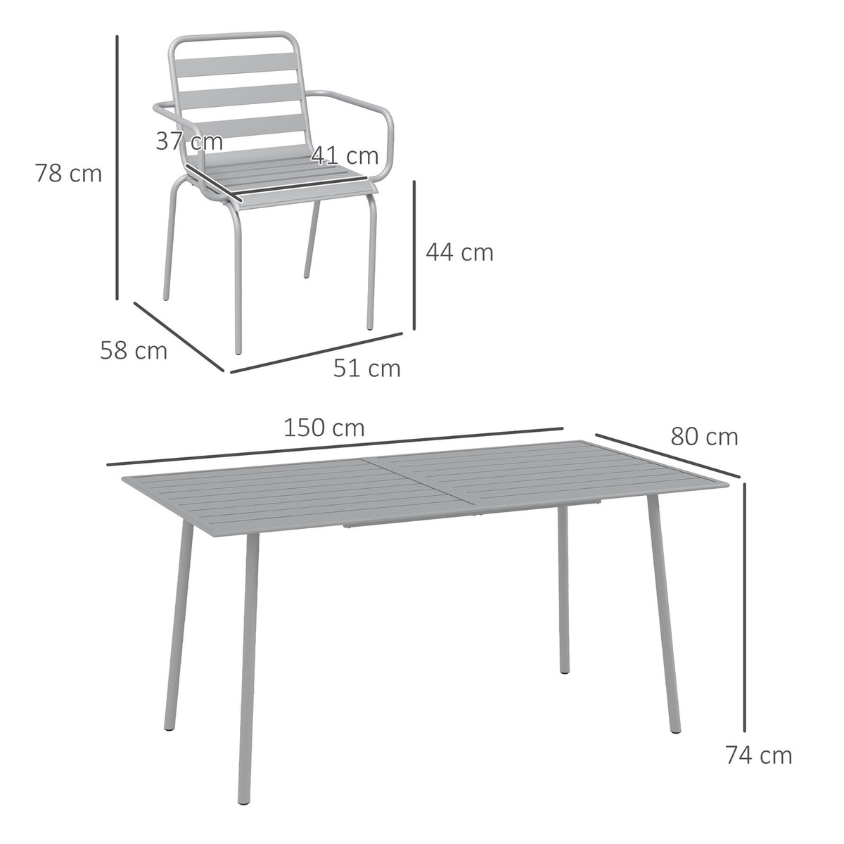 Garden Furniture Set, Seating Group, Dining Table, 6 Stackable Chairs, Balcony, Terrace, Steel, Light Gray