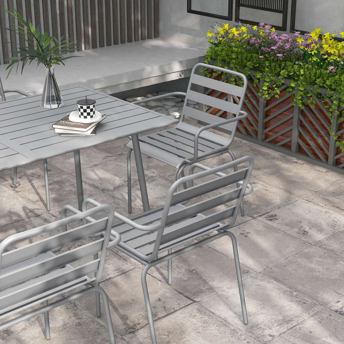 Garden Furniture Set, Seating Group, Dining Table, 6 Stackable Chairs, Balcony, Terrace, Steel, Light Gray
