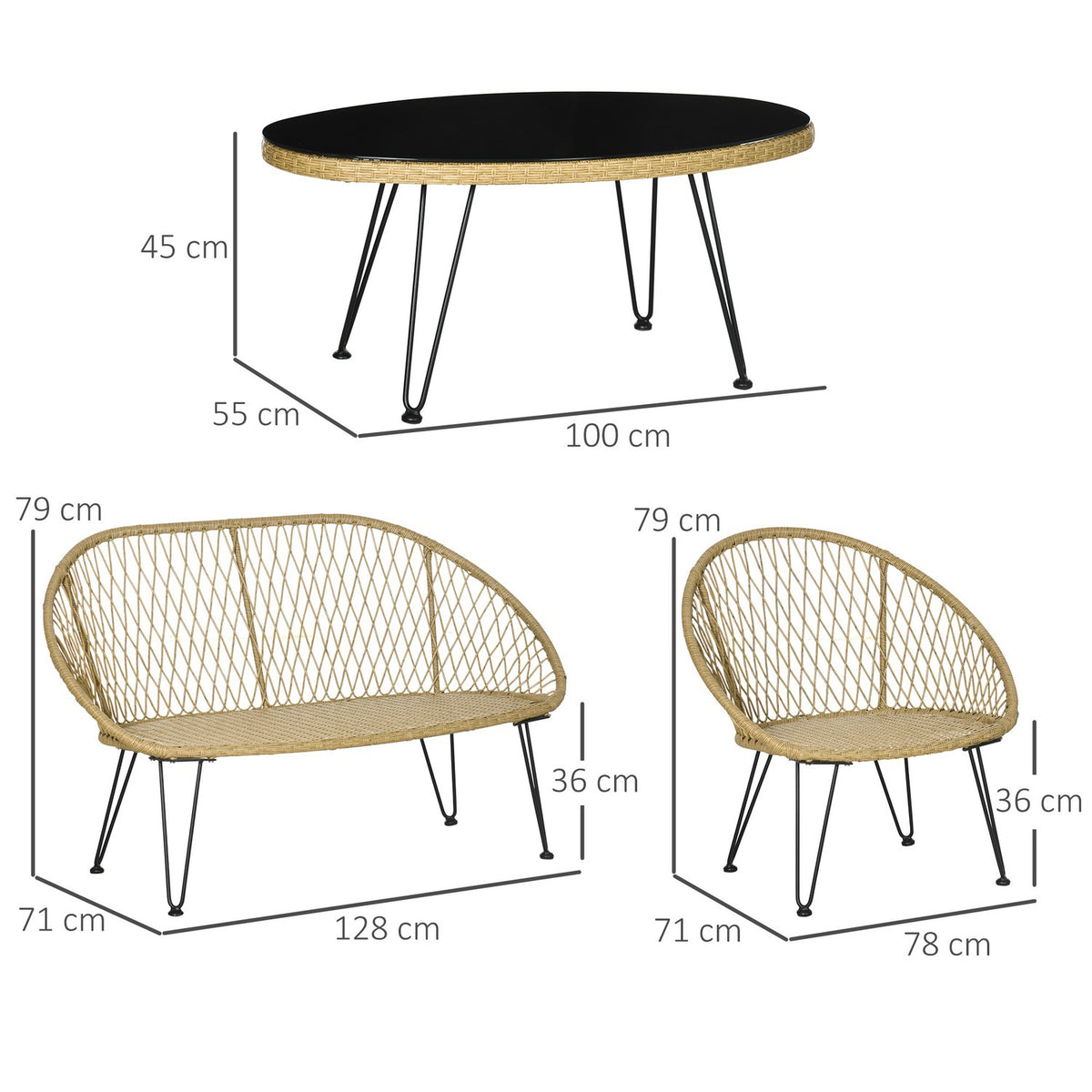 Garden Furniture Set, Seating Group With Cushions, Seating Set With 2 Chairs, 1 Coffee Table, 1 Two-Seater Garden Sofa, Lounge Furniture