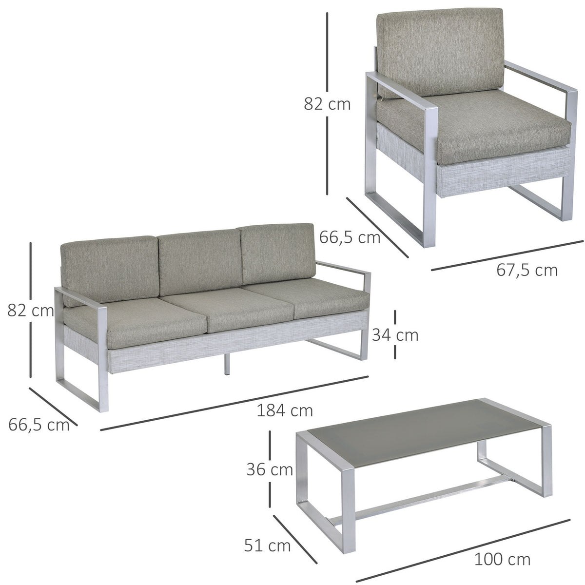 Garden Furniture Sofa Set For 5 People With Aluminum. Tea Table With Tempered Glass Gray