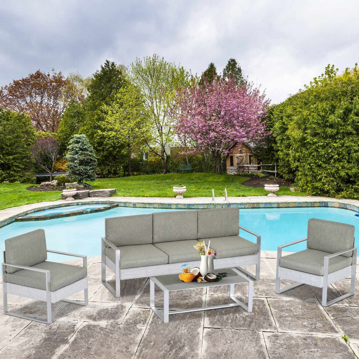 Garden Furniture Sofa Set For 5 People With Aluminum. Tea Table With Tempered Glass Gray