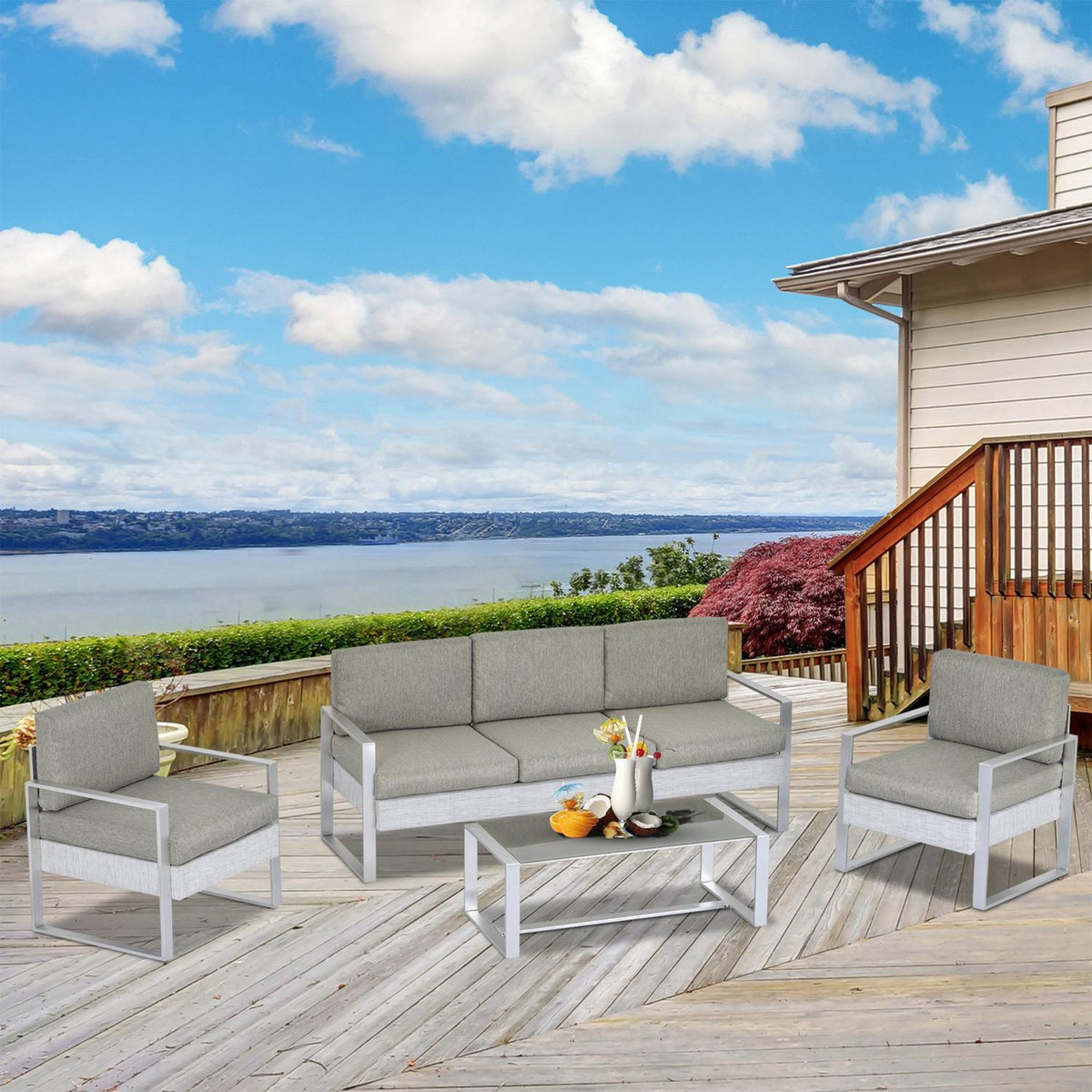 Garden Furniture Sofa Set For 5 People With Aluminum. Tea Table With Tempered Glass Gray