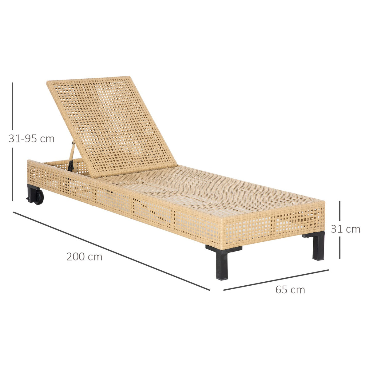 Garden Furniture Sun Lounger Garden Lounger With Cushions 3-Level Adjustable Rattan Lounger Steel Natural 65 X 200 X 31 Cm