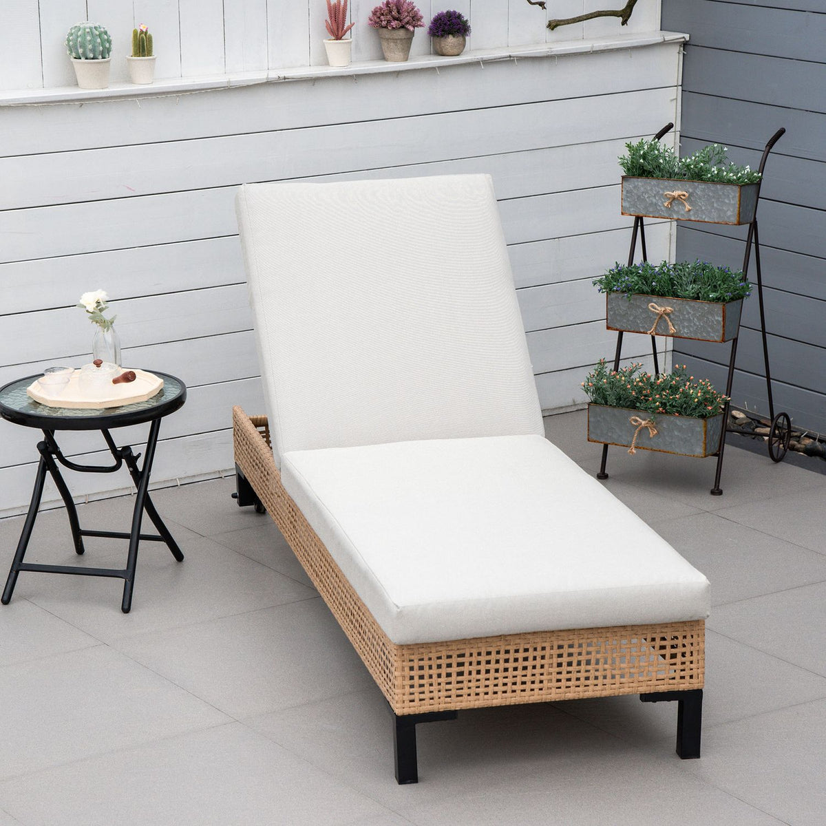 Garden Furniture Sun Lounger Garden Lounger With Cushions 3-Level Adjustable Rattan Lounger Steel Natural 65 X 200 X 31 Cm