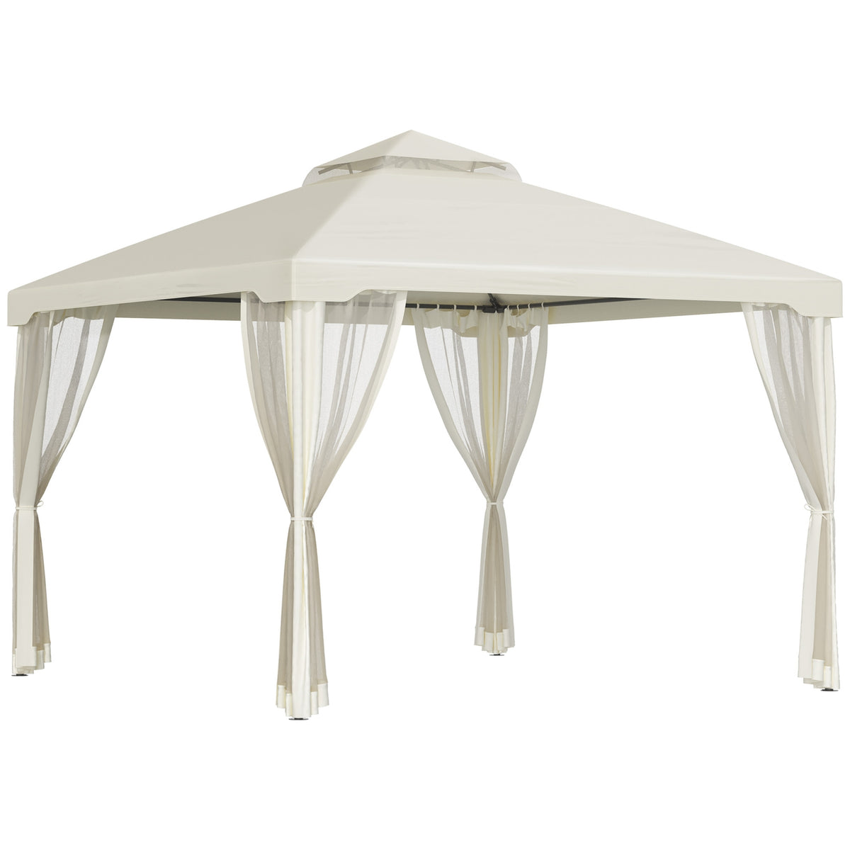 Garden Gazebo 3X3X2.6M Pavilion Garden Tent With 4 Side Walls, Weatherproof, Metal + Polyester, Cream White