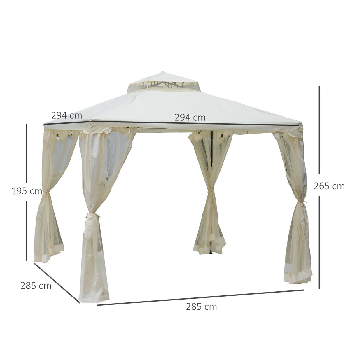 Garden Gazebo 3X3X2.6M Pavilion Garden Tent With 4 Side Walls, Weatherproof, Metal + Polyester, Cream White