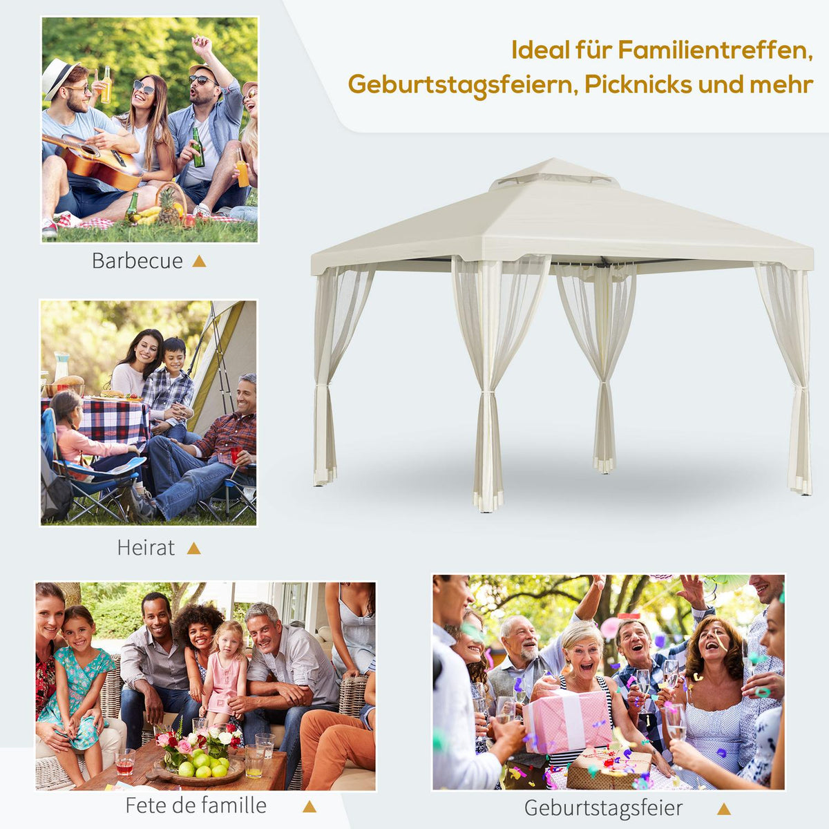 Garden Gazebo 3X3X2.6M Pavilion Garden Tent With 4 Side Walls, Weatherproof, Metal + Polyester, Cream White