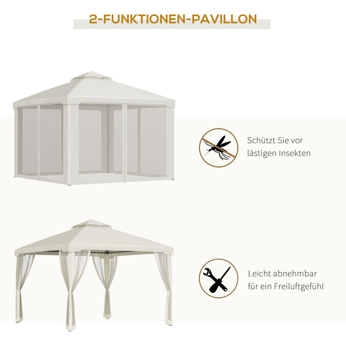 Garden Gazebo 3X3X2.6M Pavilion Garden Tent With 4 Side Walls, Weatherproof, Metal + Polyester, Cream White