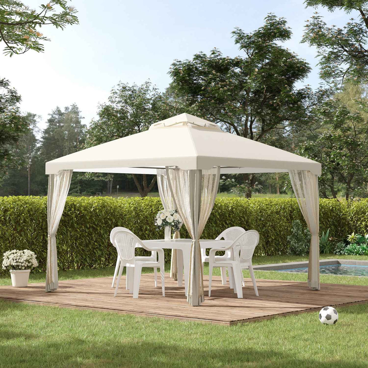Garden Gazebo 3X3X2.6M Pavilion Garden Tent With 4 Side Walls, Weatherproof, Metal + Polyester, Cream White