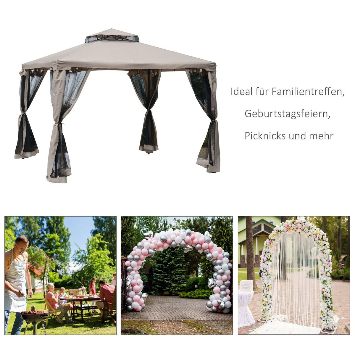 Garden Gazebo 3X3X2.6M Pavilion Garden Tent With 4 Side Walls, Weatherproof, Metal Polyester, Grey