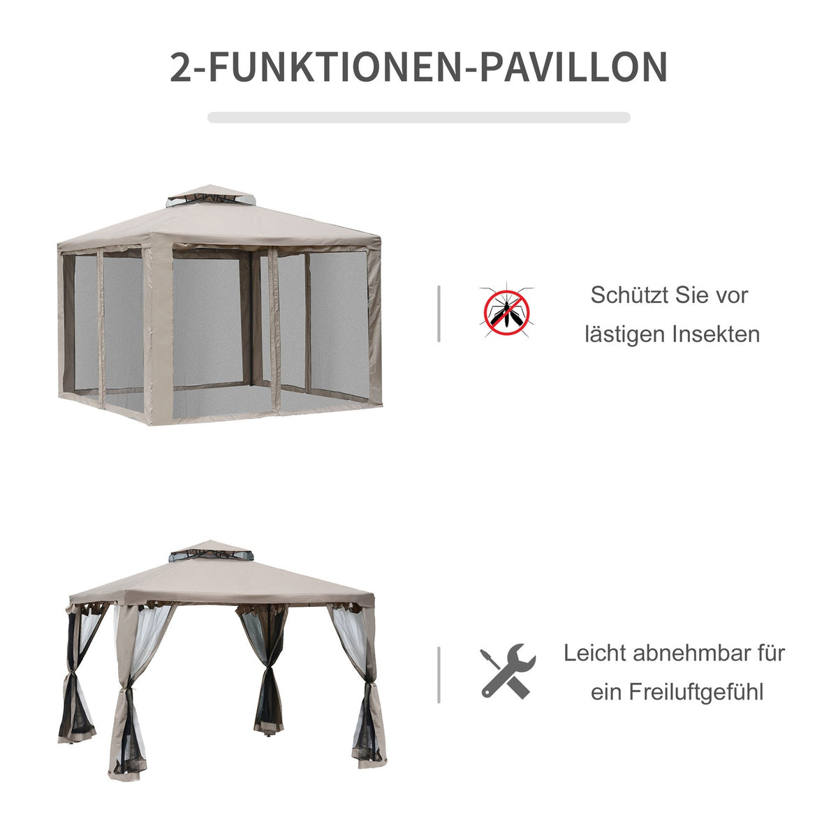 Garden Gazebo 3X3X2.6M Pavilion Garden Tent With 4 Side Walls, Weatherproof, Metal Polyester, Grey